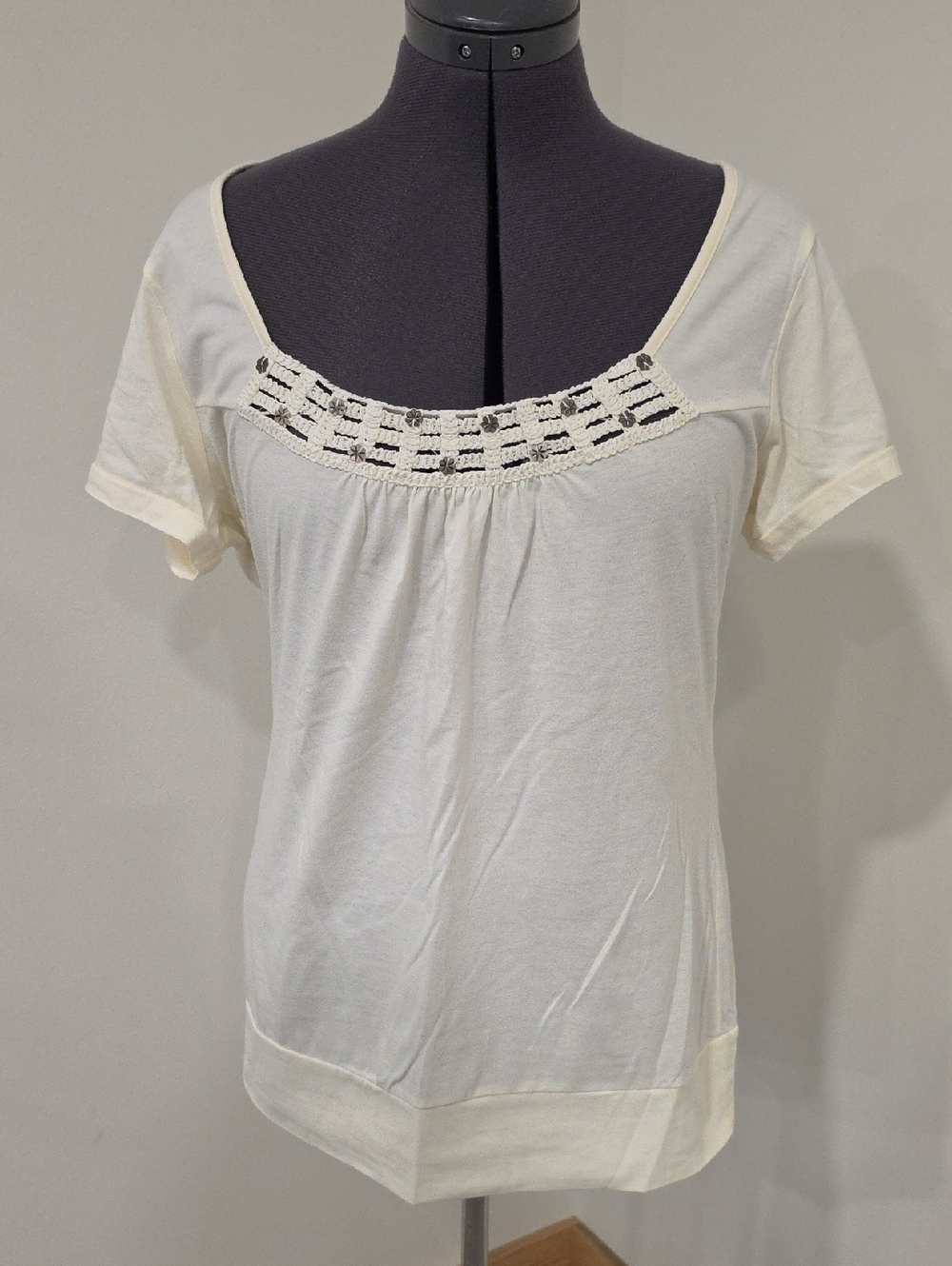 Maurices Cream Short Sleeve Scoop Neck Top with Crochet Trim
